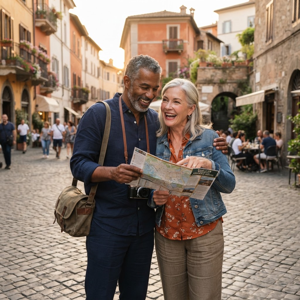 Mixed-race couple in their 50s looking at a map on a cobblestone street in a historic town, smiling