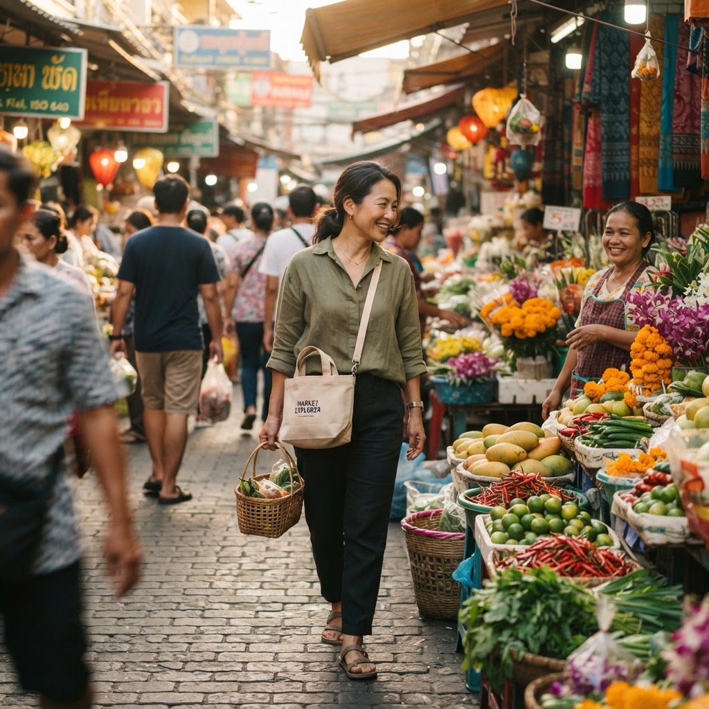 Asian woman in her mid-40s walking through a vibrant local market with fresh produce and flowers