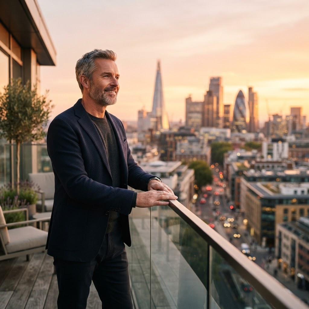 A White man in his 50s stands on a city balcony at golden hour, looking out over the skyline with a hopeful, forward-looking expression