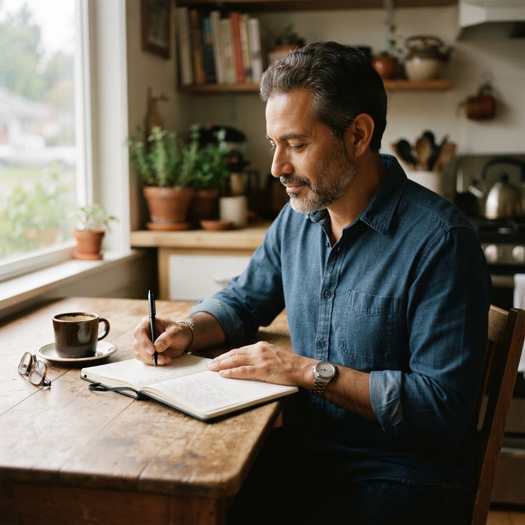 A Latino man in his early 50s writes thoughtfully in a notebook at his kitchen table, coffee beside him, morning light filling the room