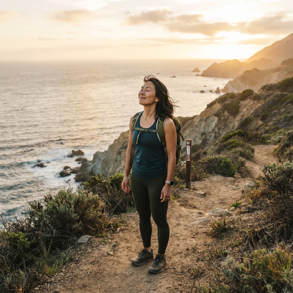 An Asian woman in her mid-40s stands on a coastal trail overlooking the ocean, arms relaxed, breathing deeply, embodying health and adventure
