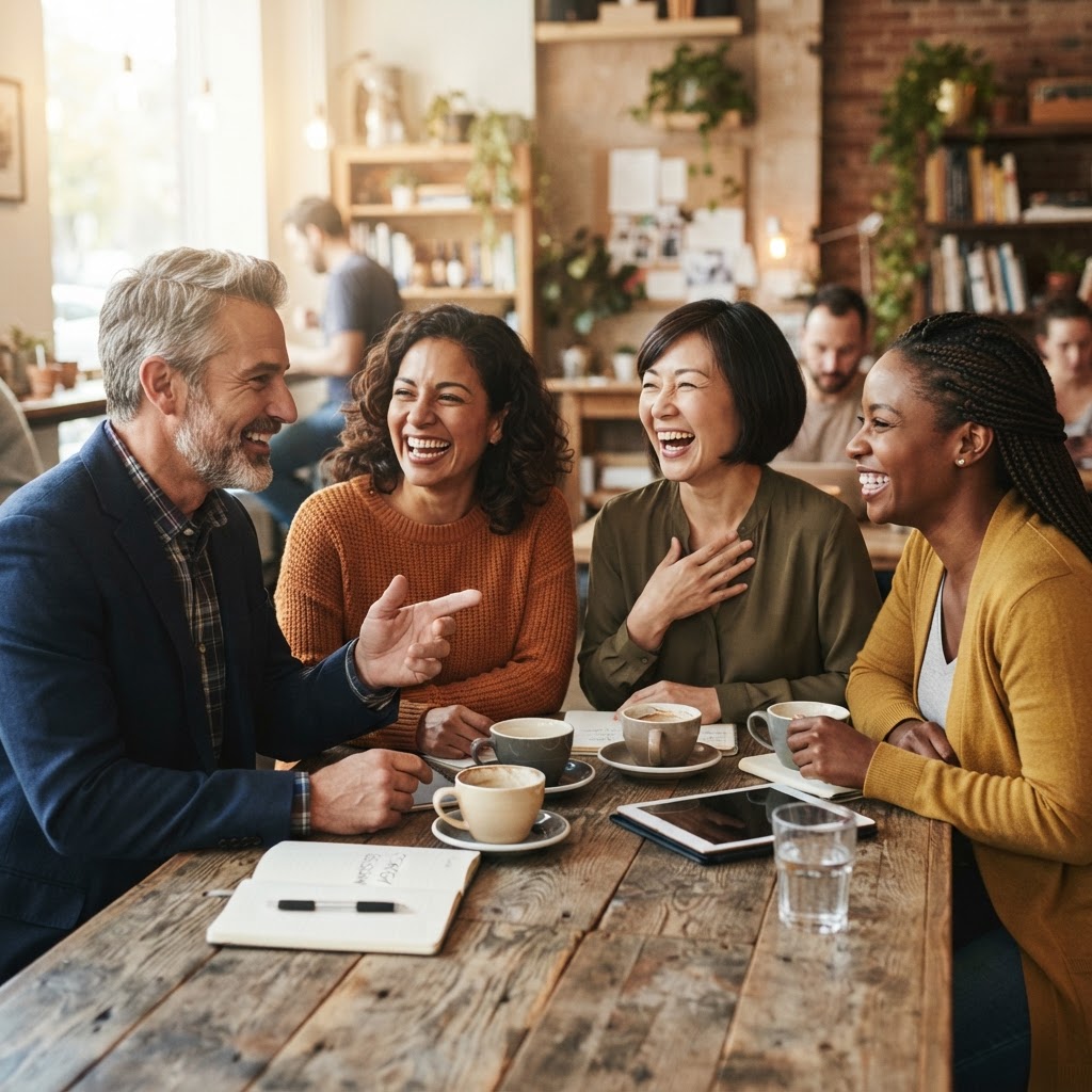 Diverse group of professionals in their 40s and 50s gathered around a table, engaged in warm conversation and laughter