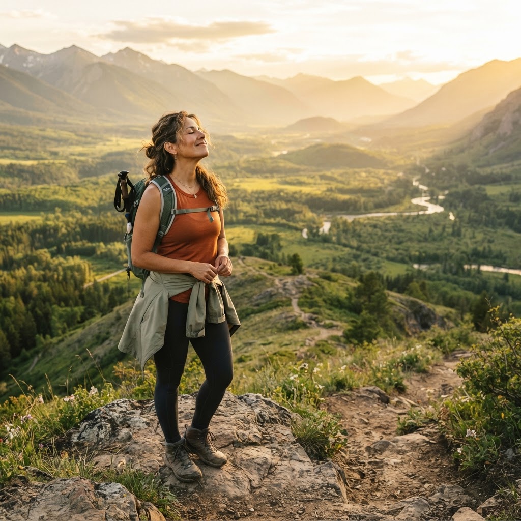 Latina woman in her 40s standing on a hiking trail overlooking a valley, taking a moment to pause and reflect