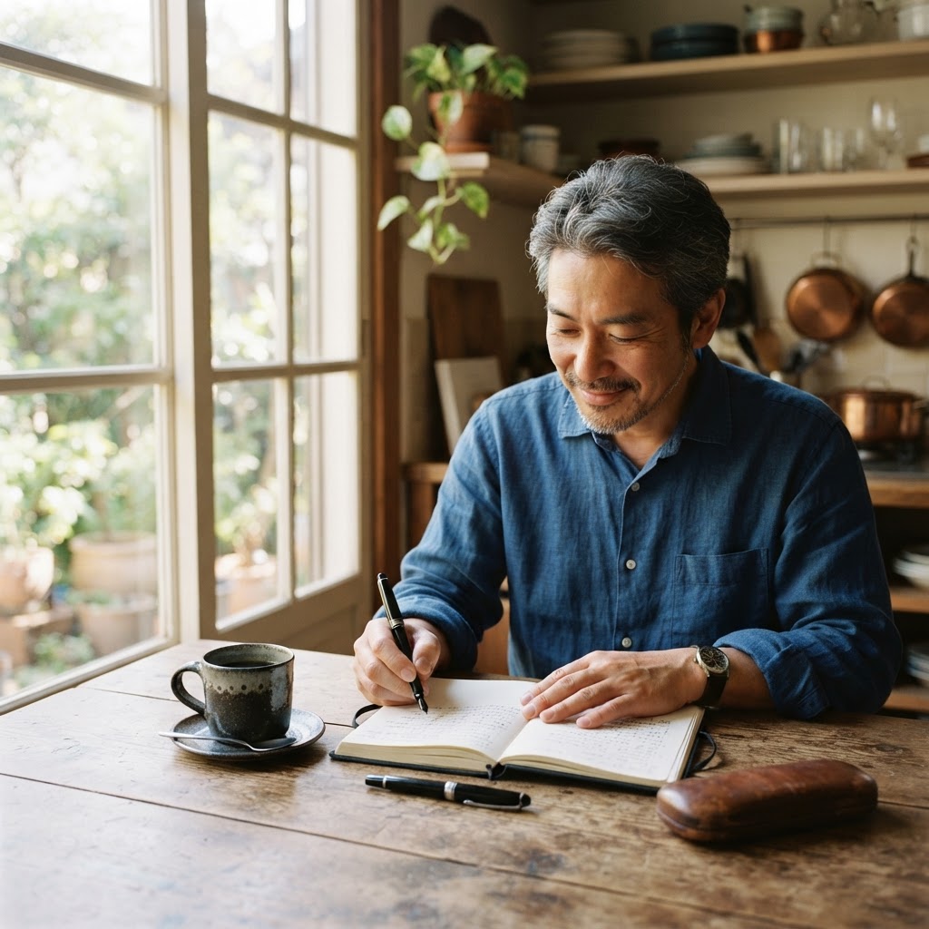 Asian man in his 50s writing thoughtfully in a journal at a kitchen table with a cup of coffee