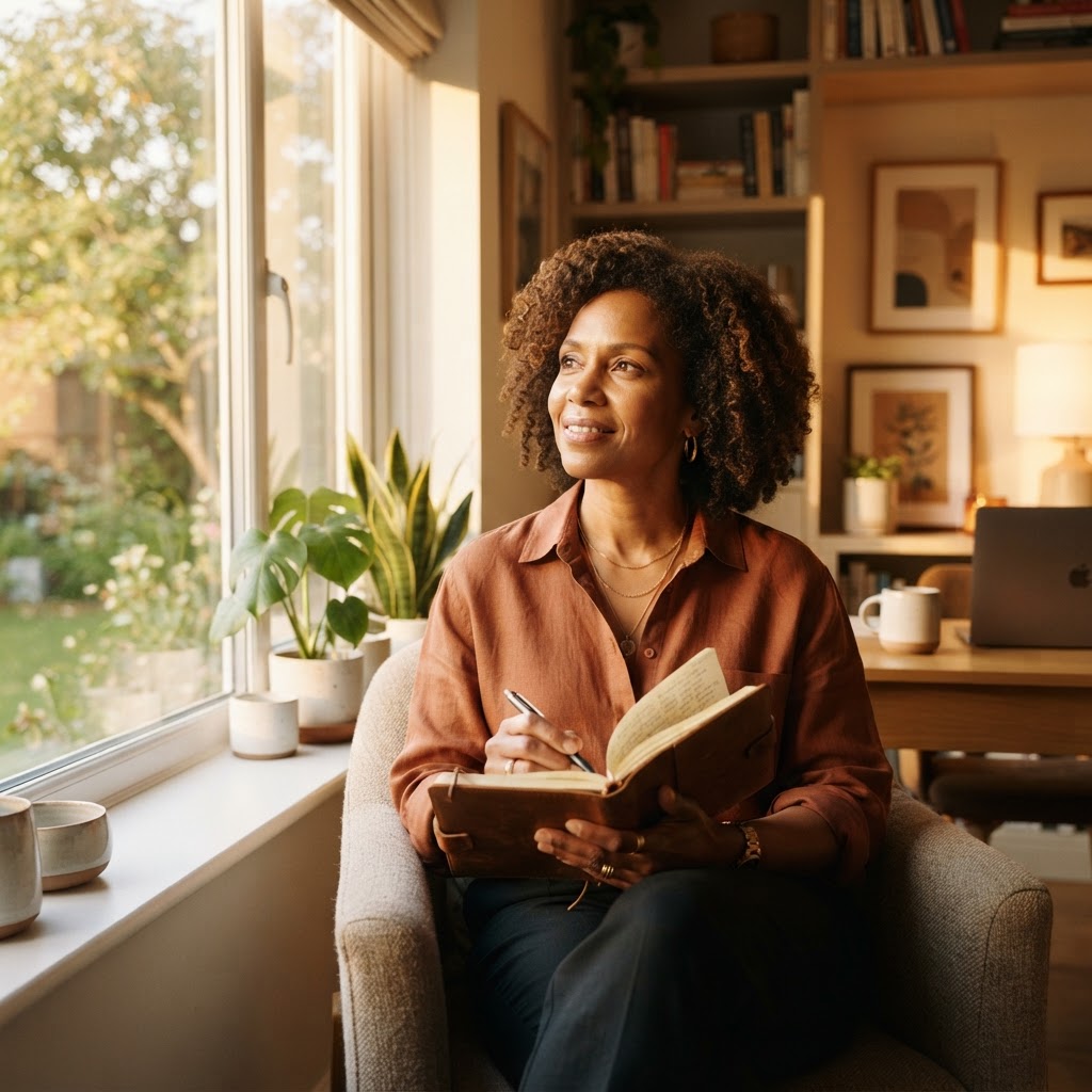 A professional over 40 taking a quiet moment to reflect and reset their life goals midyear