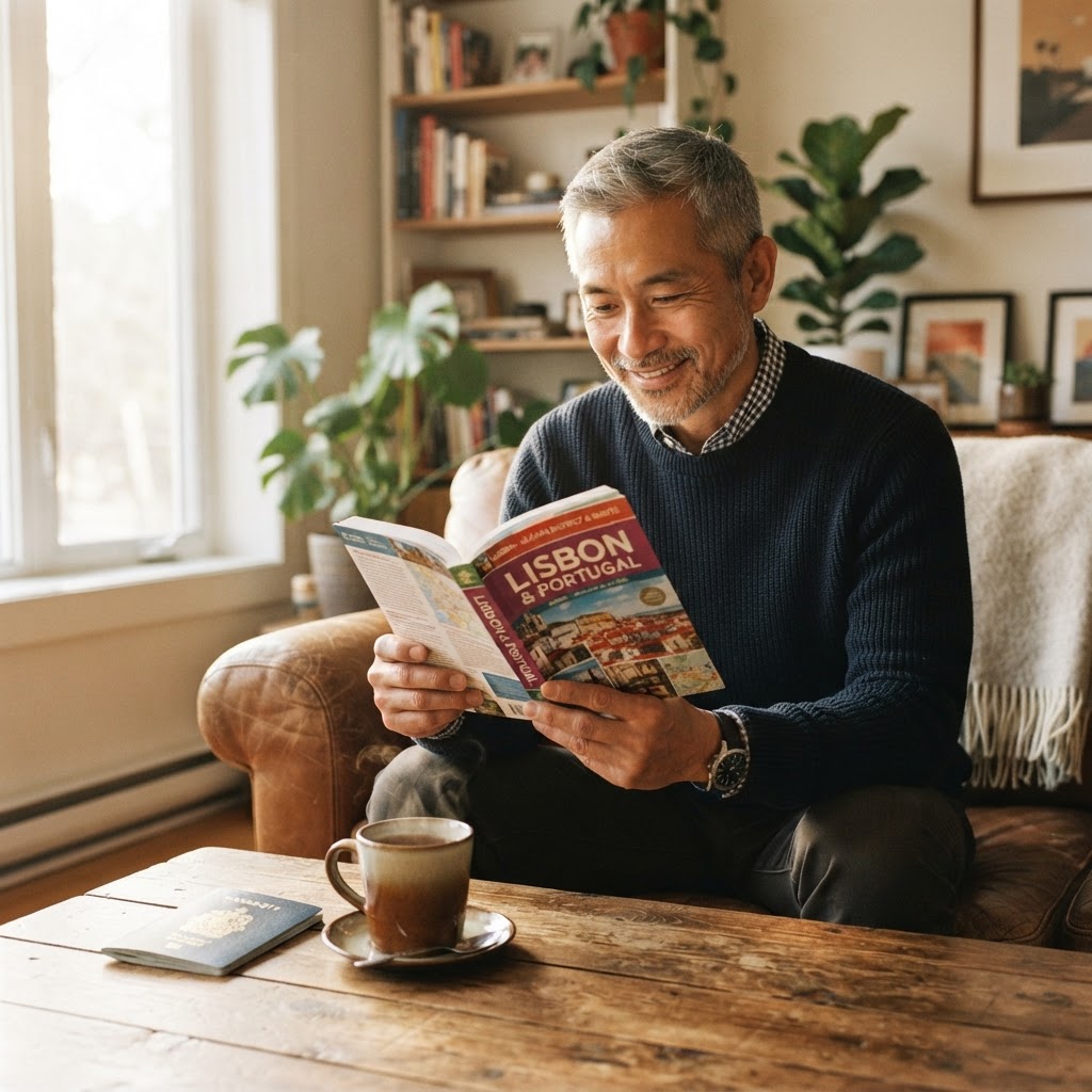 An Asian professional man in his 50s looking thoughtfully at a Lisbon travel guidebook with a passport nearby