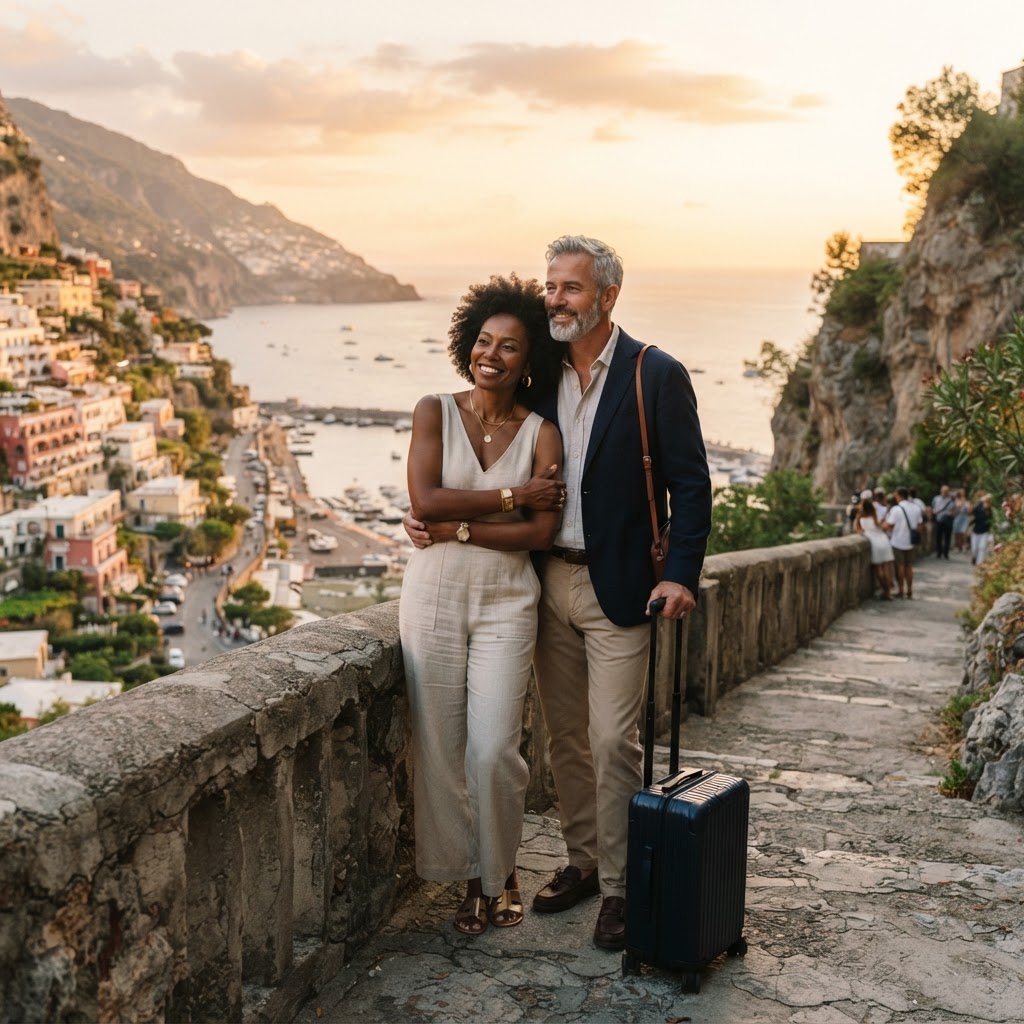 A mixed-race professional couple in their 50s standing at a scenic overlook with luggage, looking out at a new destination
