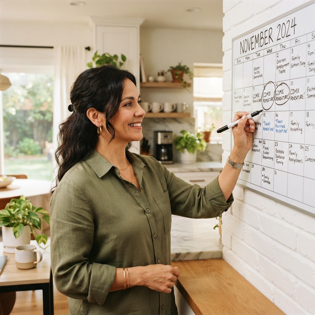 A Latina professional woman in her 40s marking travel dates on a wall calendar with intention