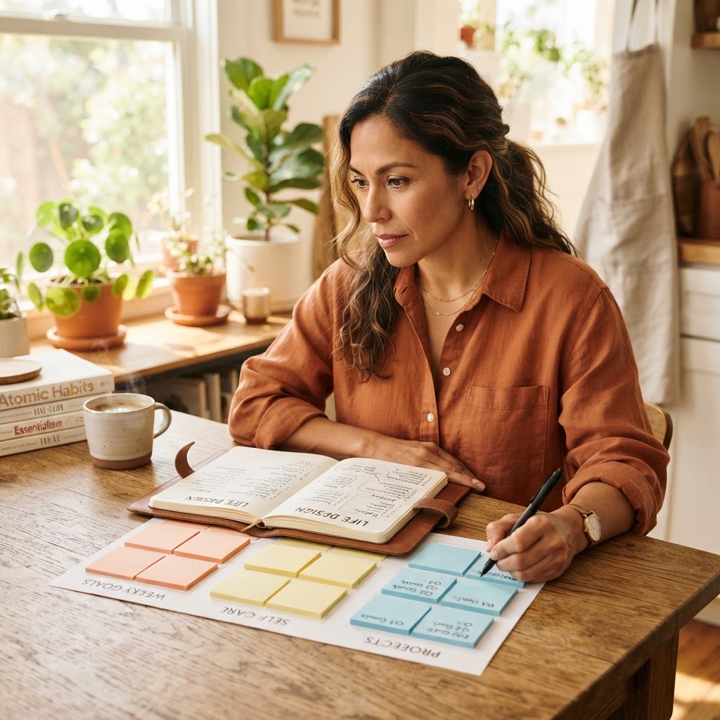 A Latina woman in her mid-40s sits at a bright kitchen table with a notebook and colored sticky notes, intentionally planning her life redesign
