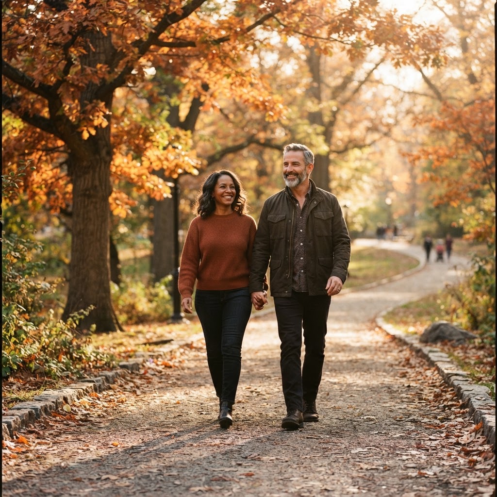 A mixed-race couple in their late 40s walk together on a tree-lined path in golden hour light, relaxed and optimistic