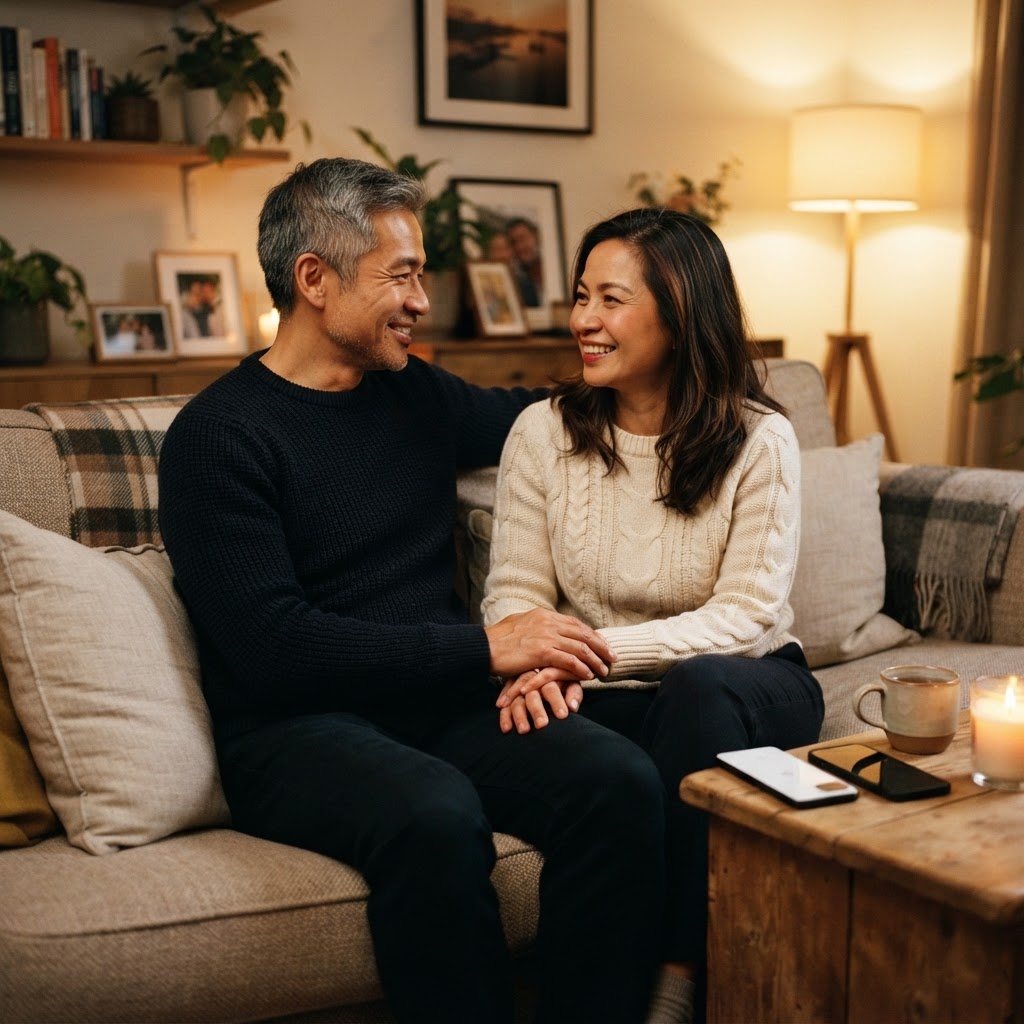 An Asian couple in their 40s sitting together on a cozy couch with phones set aside, having a genuine heartfelt conversation