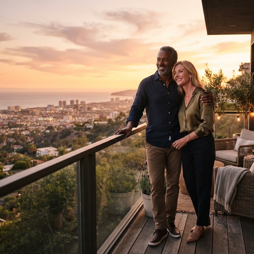 A mixed-race couple in their 40s standing together on a porch at sunset, leaning into each other and looking forward with optimism