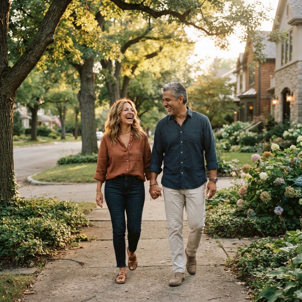 A Latino couple in their 50s taking a hand-in-hand evening walk through their neighborhood, laughing and fully present with each other