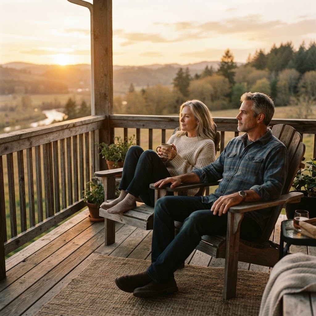 A white couple in their 50s sitting on a porch at sunset, relaxed and content, looking out at the view together