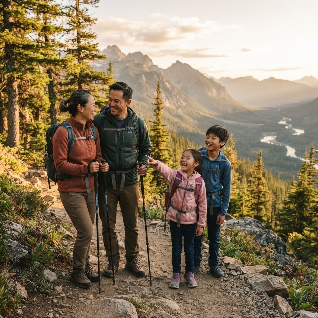 An Asian family of four hiking on a mountain trail together, smiling and pointing at the view ahead
