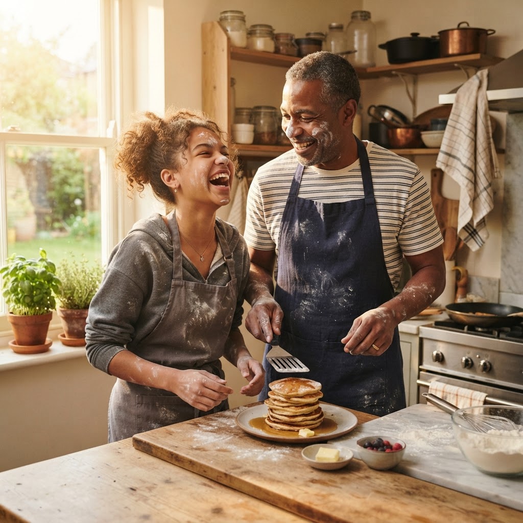 A Black father and teenage daughter laughing together in a cozy kitchen while making a mess of pancake batter