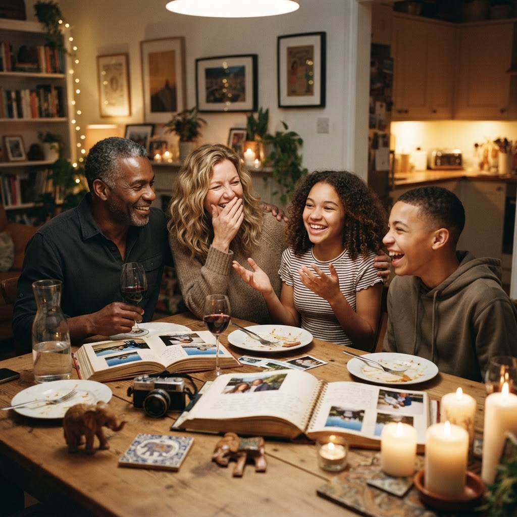 A mixed-race family sitting around a dinner table after their trip, sharing stories and laughing