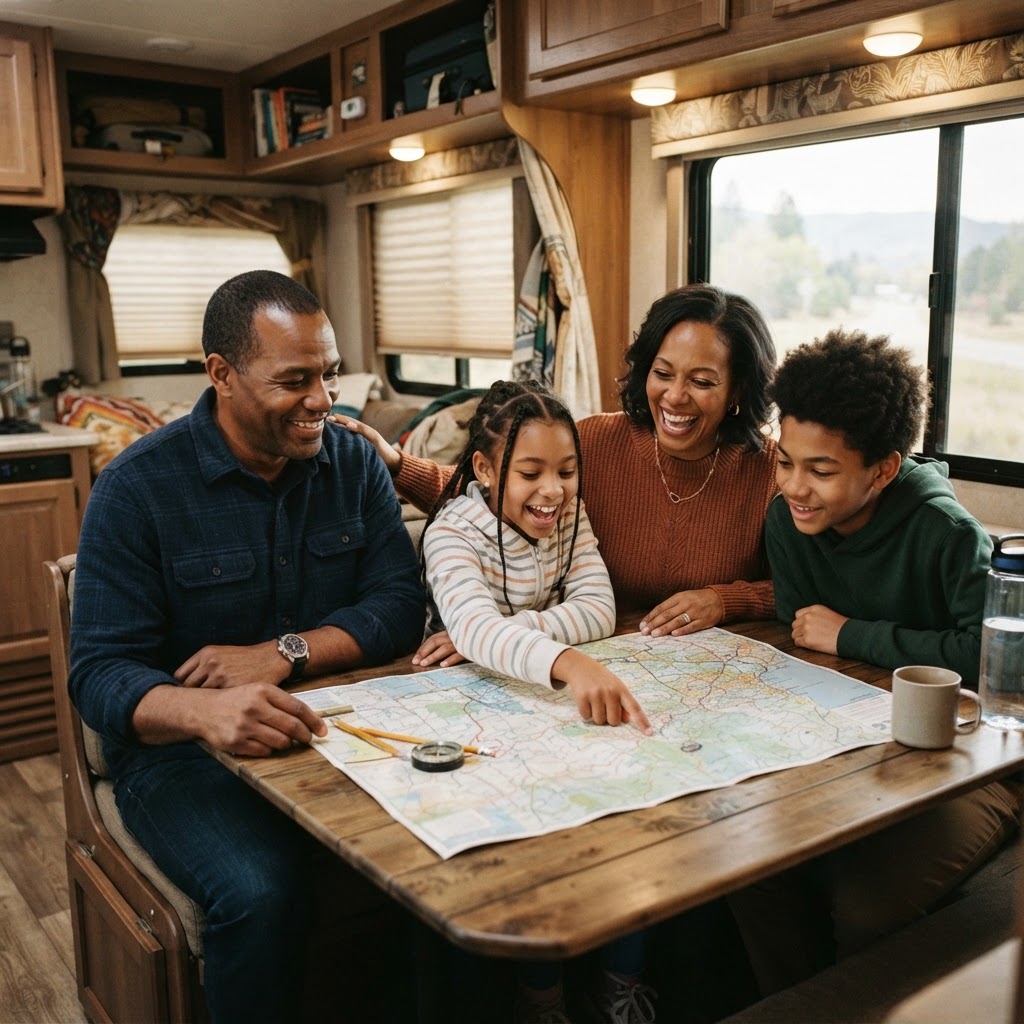 A Black family gathered around a map inside an RV, planning their road trip route together