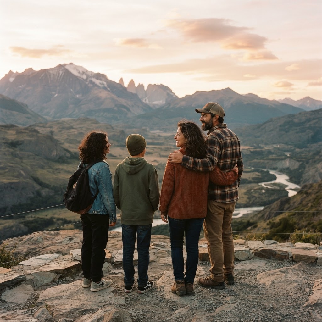 A Latino family of four standing together on a scenic overlook at sunset, sharing a moment of wonder