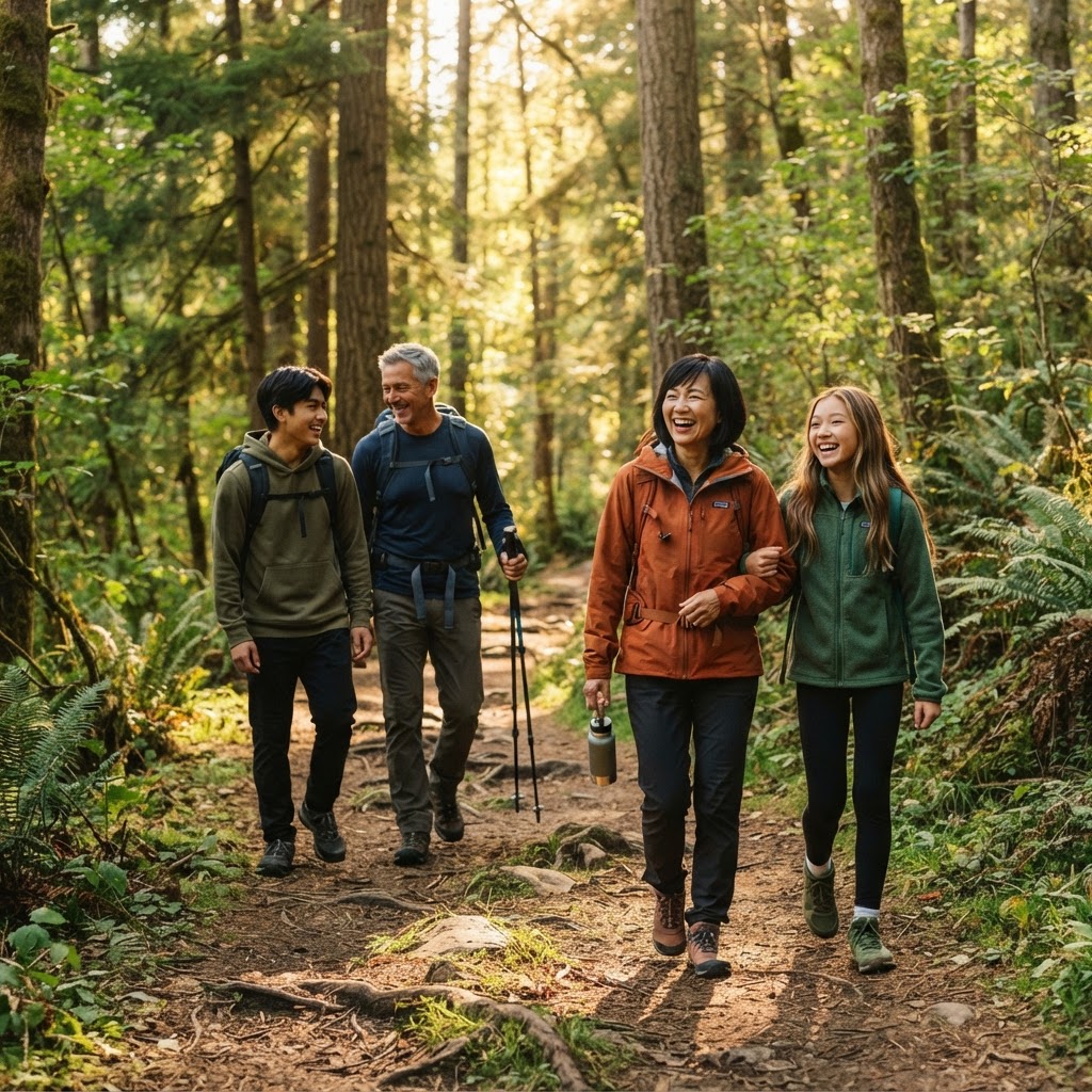 An Asian family hiking together on a forest trail, fully present and unplugged