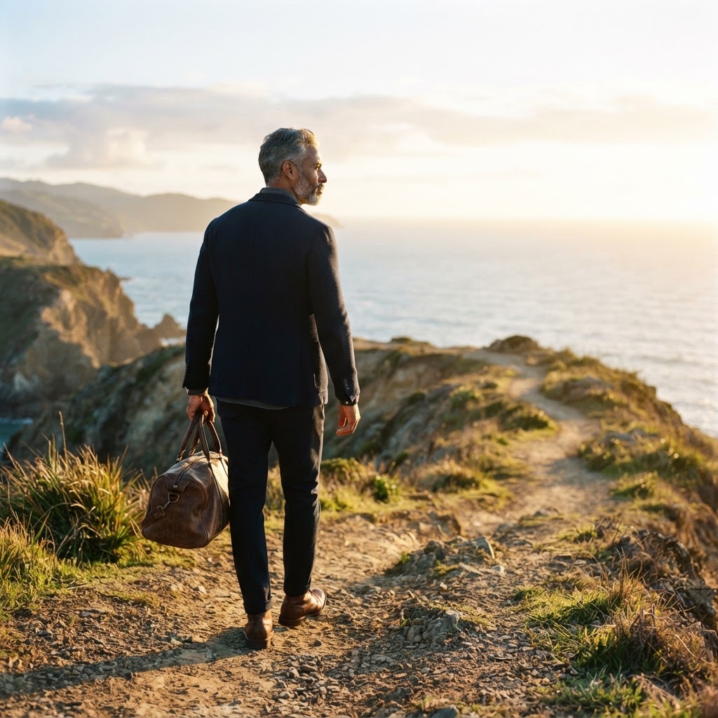 A mixed-race man in his 50s walking confidently along a coastal path at golden hour, looking forward toward the horizon, embodying the start of a new chapter.