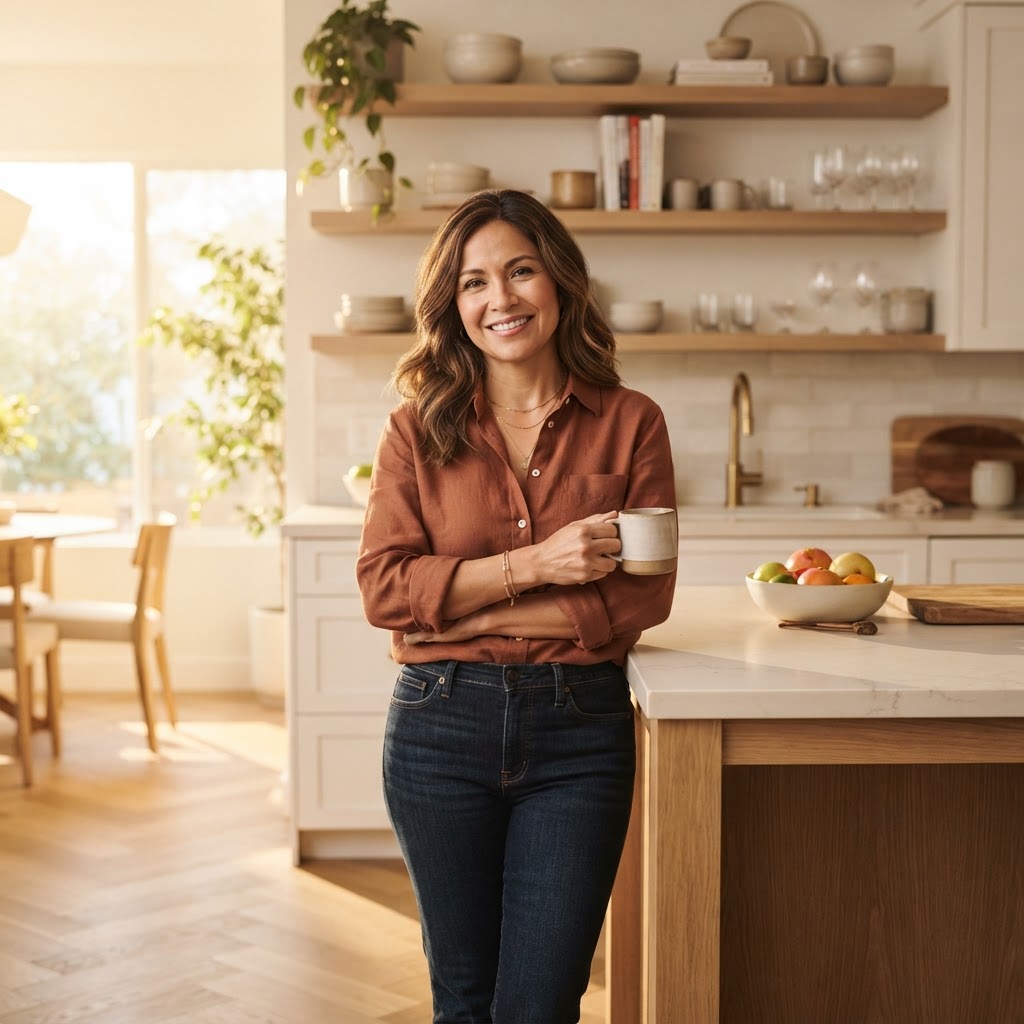 A Latina woman in her mid-40s standing in a freshly renovated kitchen space, smiling softly, symbolizing the practical renovation metaphor for reinvention.