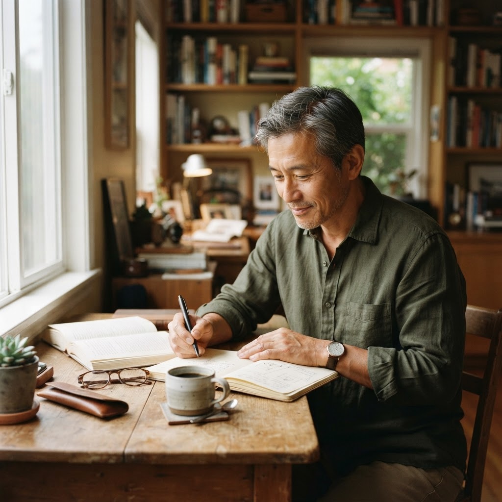 An Asian man in his early 50s writing thoughtfully at a wooden desk with a cup of coffee, representing the small deliberate tilts of reinvention.