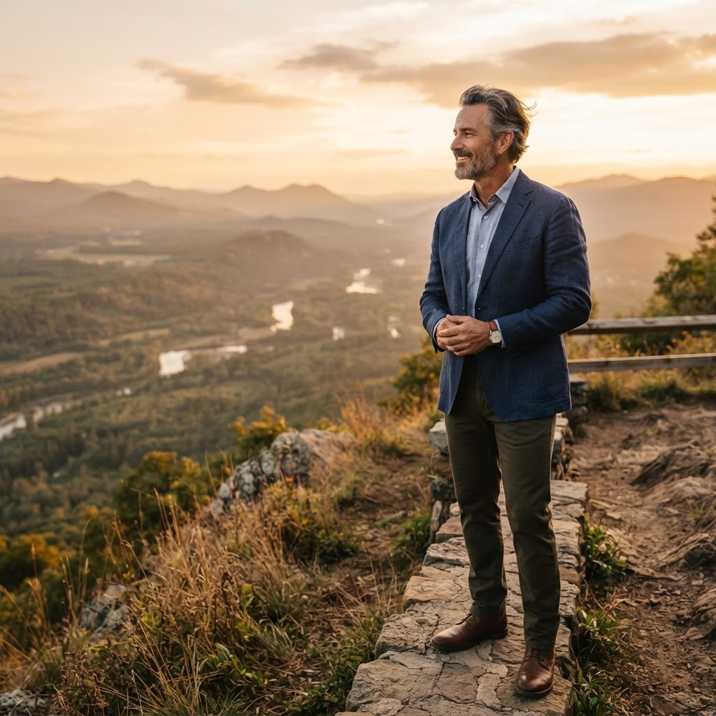 A White man in his mid-50s standing outdoors on a hillside at golden hour, looking out over a wide landscape with a hopeful, forward-looking expression
