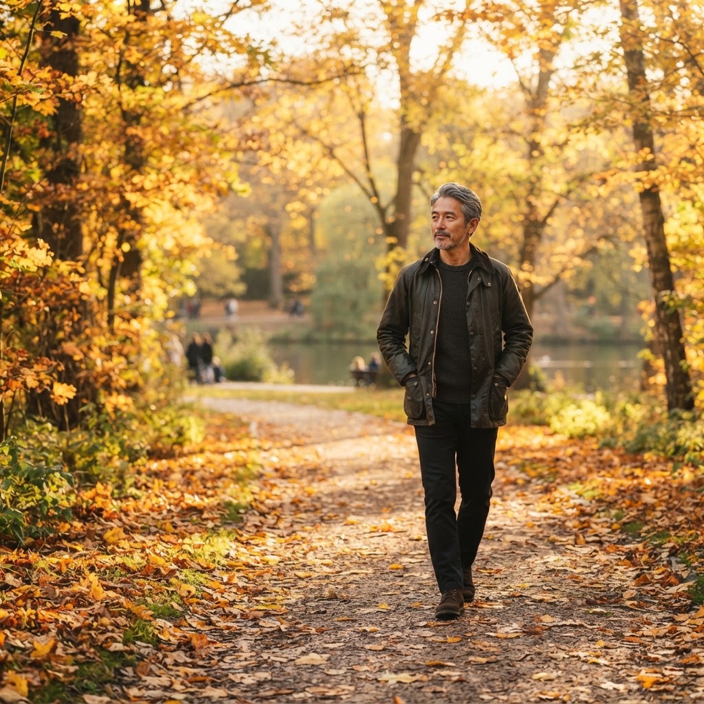An Asian man in his late 40s walking slowly through a park in warm autumn light, reflecting on his priorities after a health scare