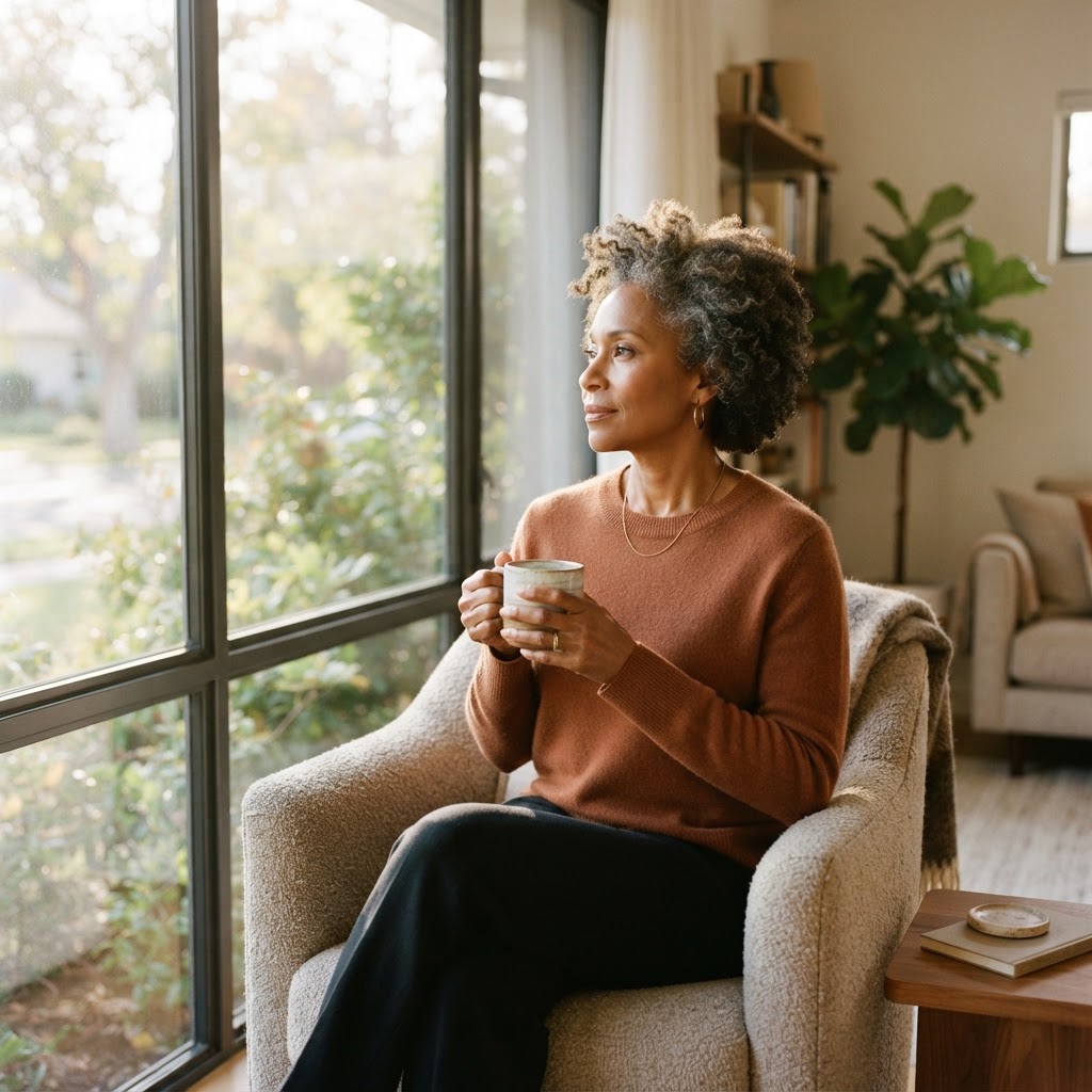 A Black woman in her early 50s sitting quietly by a sunlit window, holding a cup of tea, looking thoughtful and reflective after a life-changing wake-up call