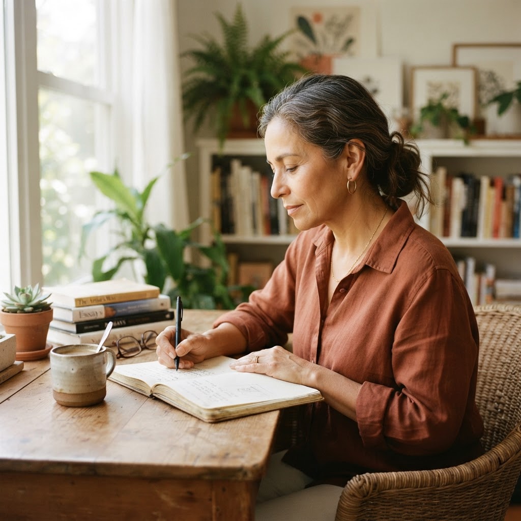 A Latina woman in her 50s sitting at a wooden desk with a journal and coffee, intentionally writing out her life priorities