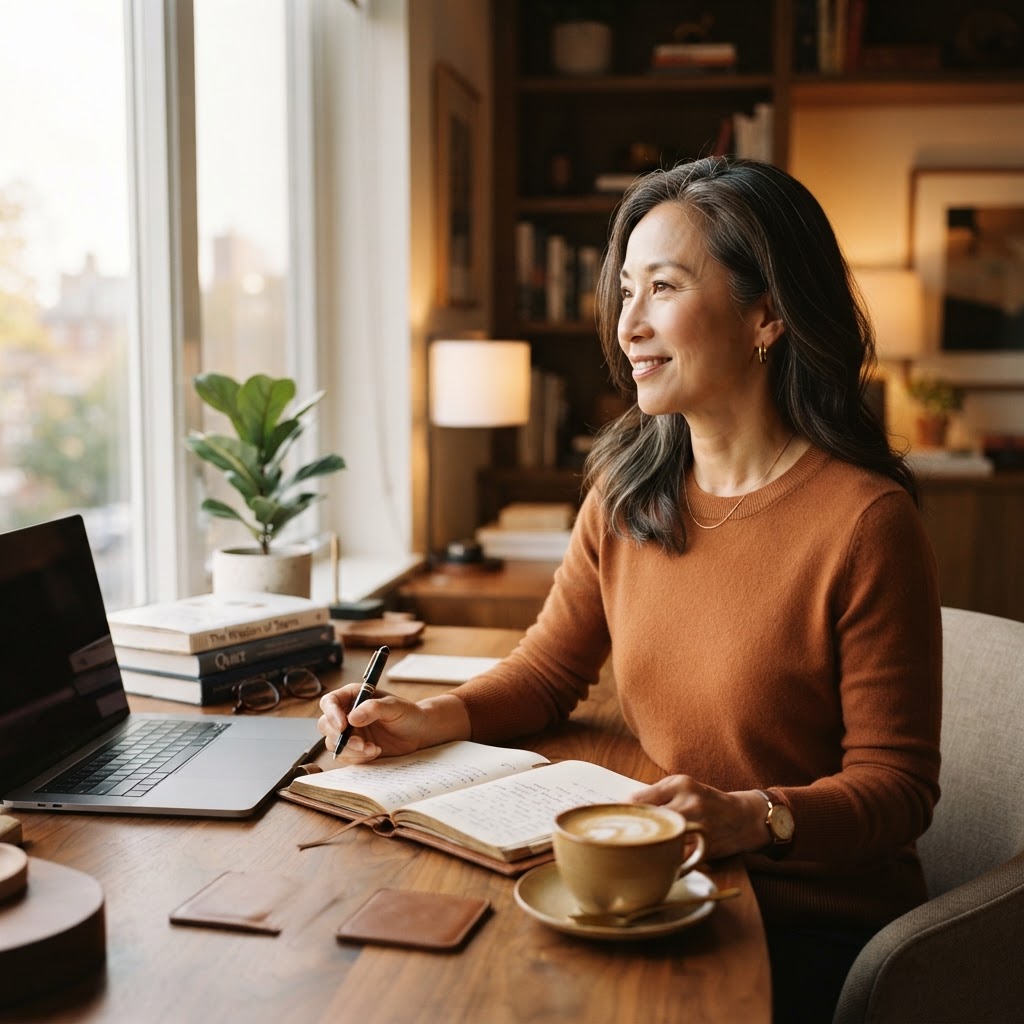 Asian woman in her 50s reflecting at a sunlit desk with a journal and coffee, embodying decades of accumulated wisdom