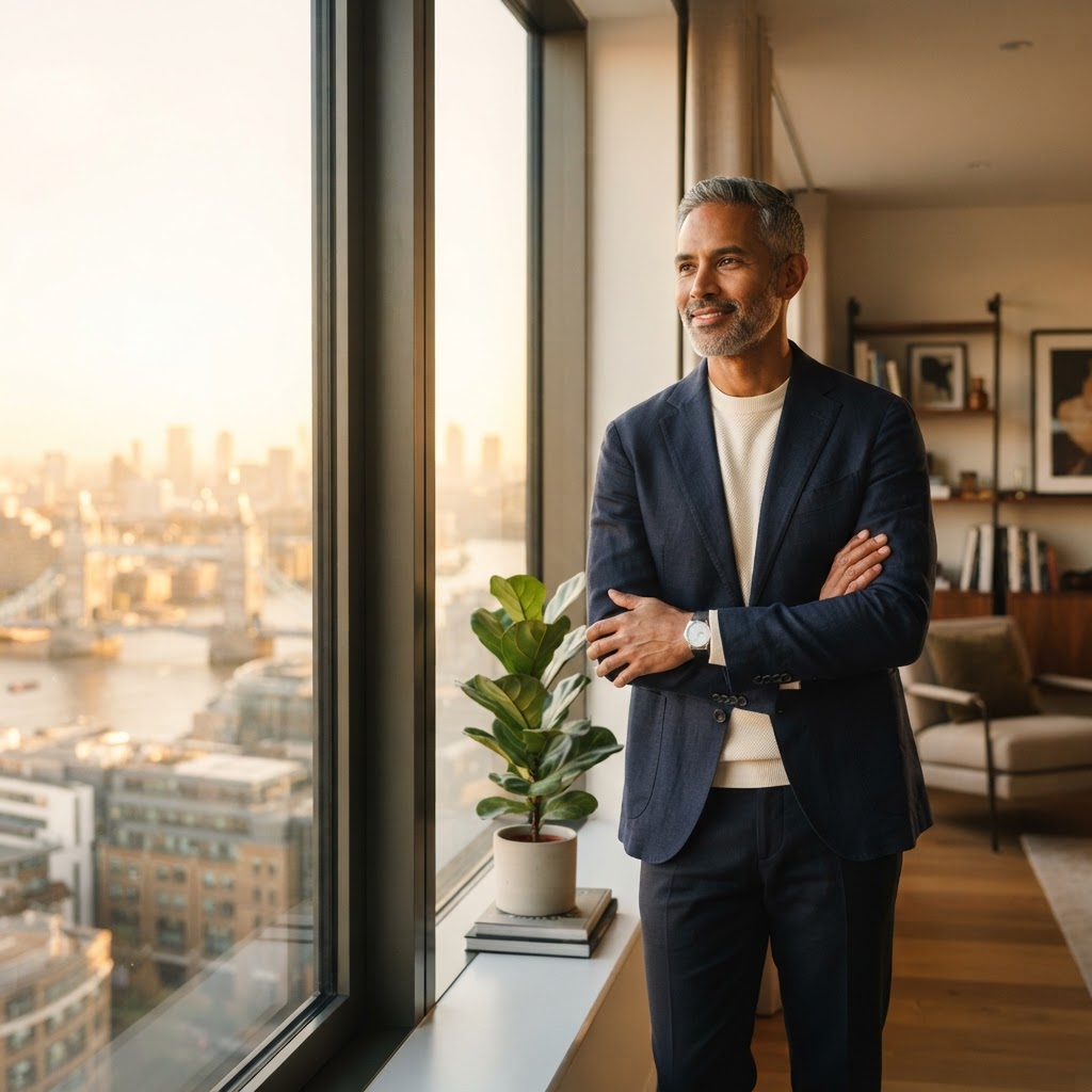 A mixed-race man in his late 40s standing by a large window with morning light, looking forward with calm confidence