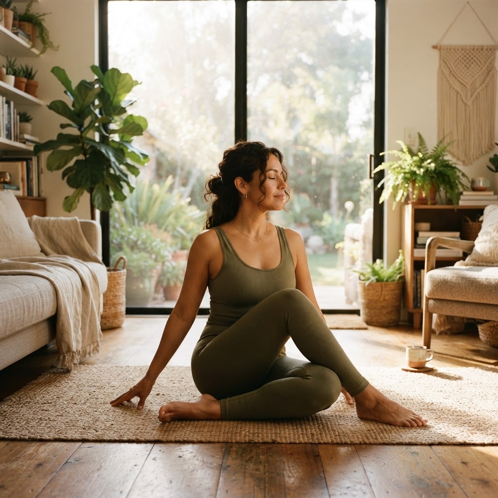 A Latina woman in her mid-40s doing gentle morning stretches in her sunlit living room