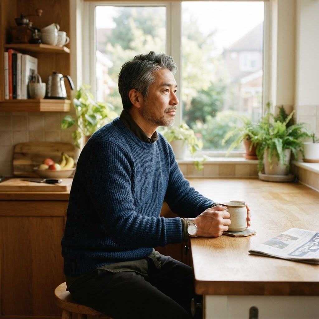 An Asian man in his early 50s sitting at a kitchen counter with a cup of coffee, no phone in sight, gazing thoughtfully out the window