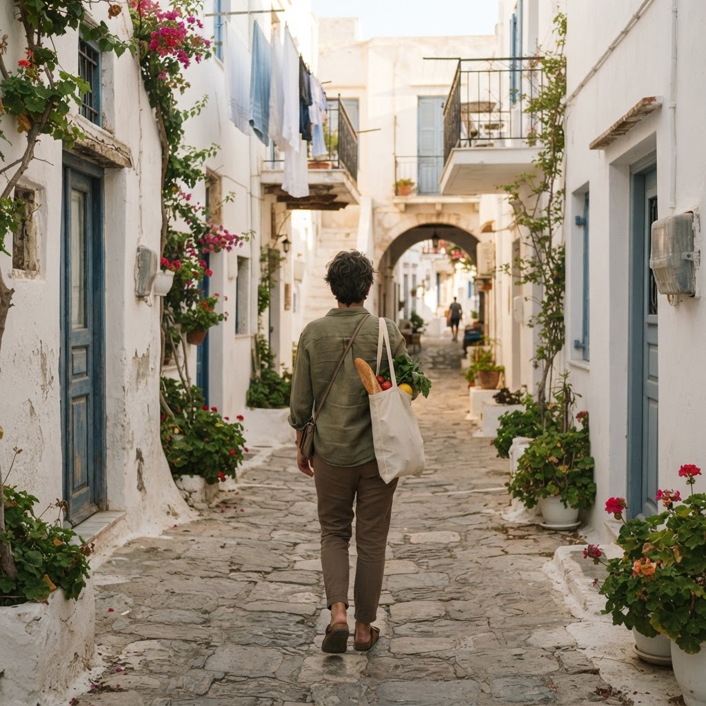 A solo traveler walking through a sun-lit European village alley carrying local market groceries, seen from behind — evoking slow travel and peaceful anonymity