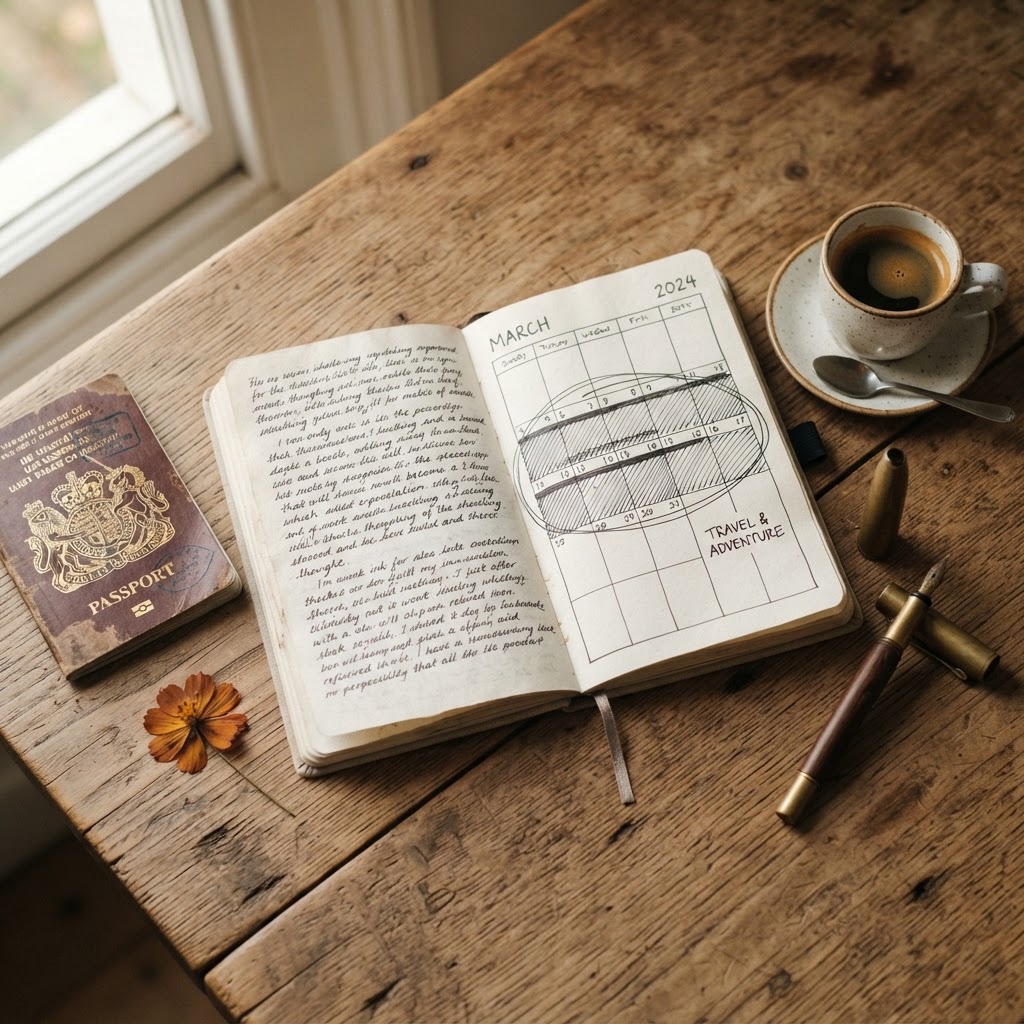 A reflective travel journal open beside a passport, espresso cup, and blocked-off calendar — representing intentional slow travel planning and personal growth