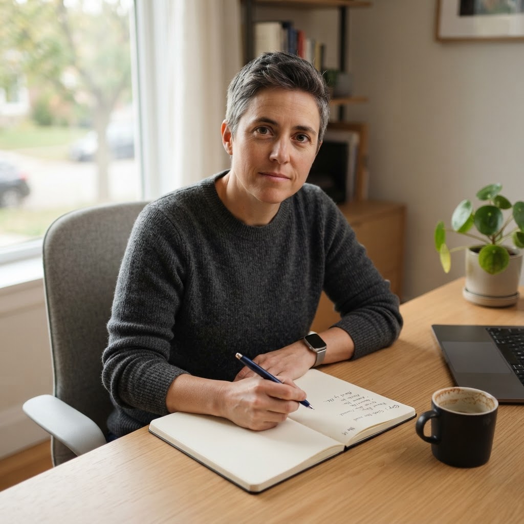 A professional in their 40s sitting at a tidy desk with an open notebook, pen in hand, having just written their first committed action step — expression calm and resolute.