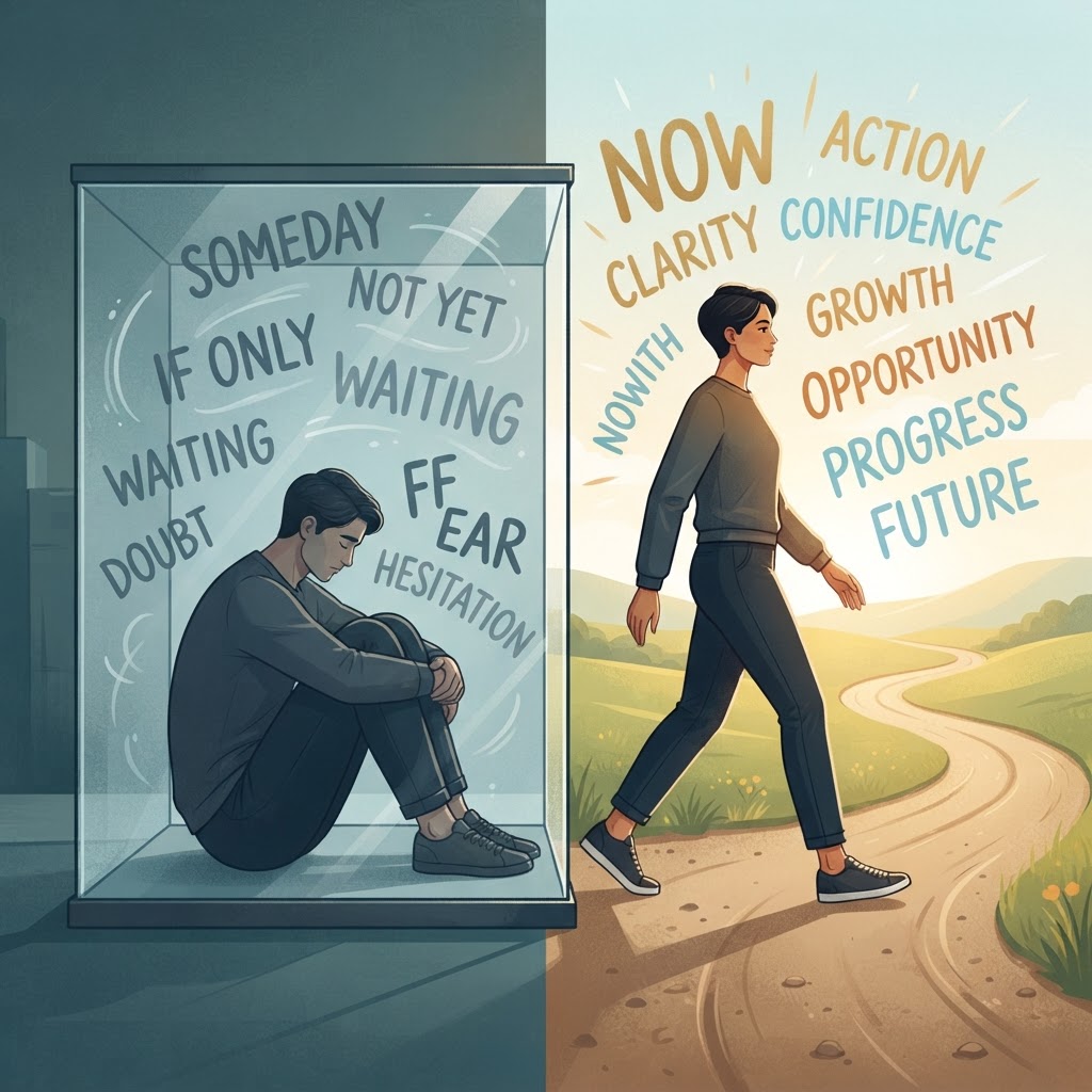 Conceptual illustration showing a person trapped inside a glass box of 'if only' thinking on the left, stepping free and forward on the right — symbolizing the shift from paralysis to agency.