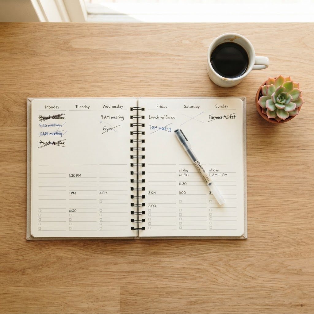 Open weekly planner on a desk with cleared time slots, a pen, and a small plant — symbolizing intentional scheduling