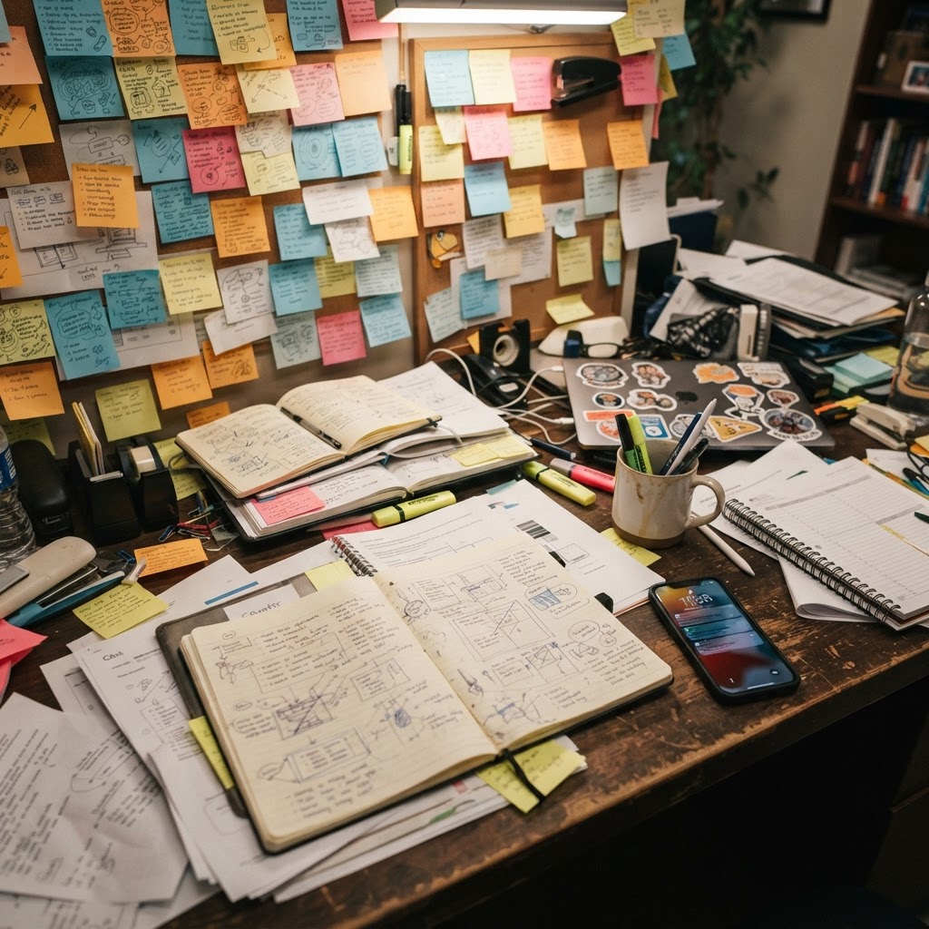 A cluttered desk covered in overlapping notes and papers, representing the overwhelm of overcommitment