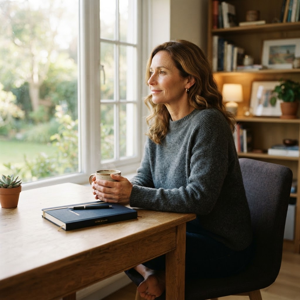 A woman in her 40s sitting quietly at a sunlit desk with a closed planner, looking out the window with calm intention