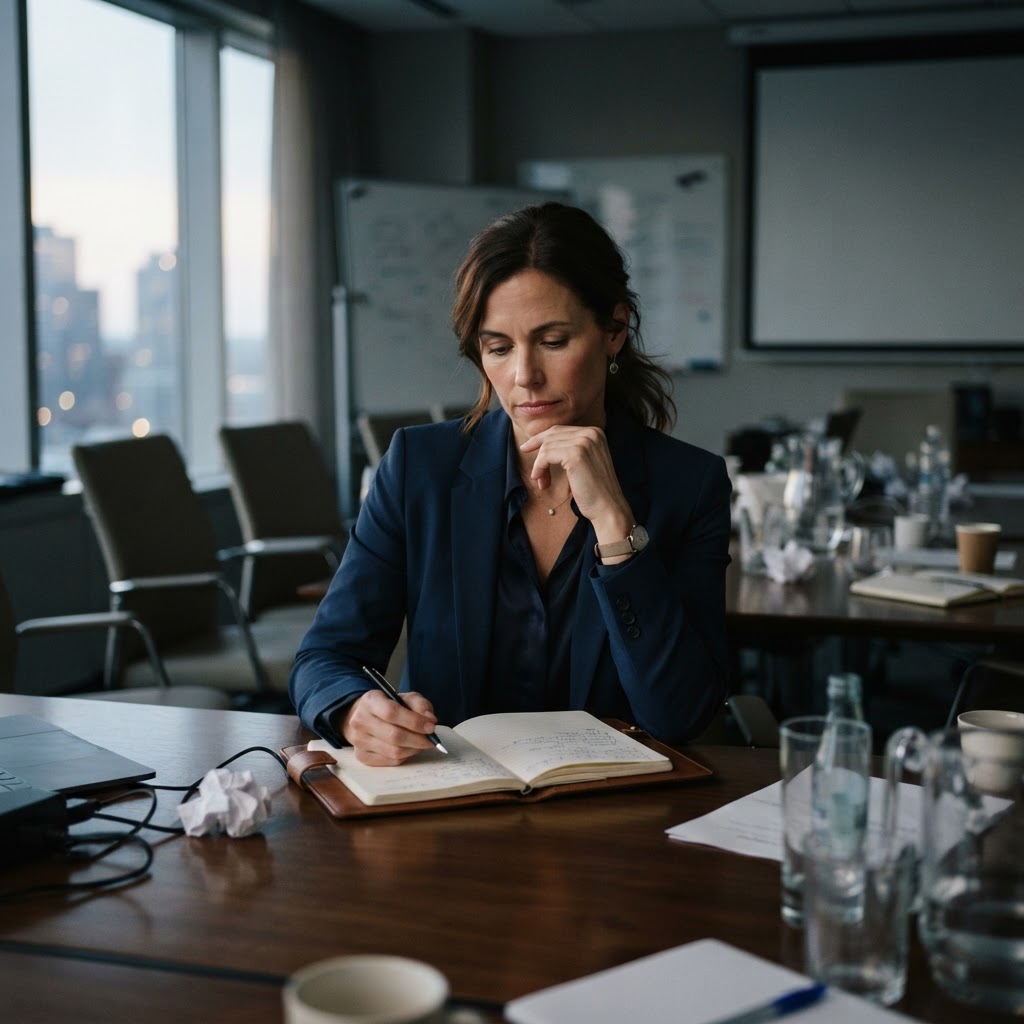 A mid-career professional sitting alone at a conference table after a negotiation, in quiet reflection and determination
