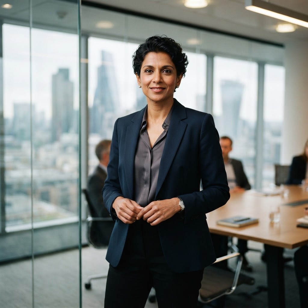 A confident professional over 40 standing in a modern office, projecting quiet authority and self-assurance