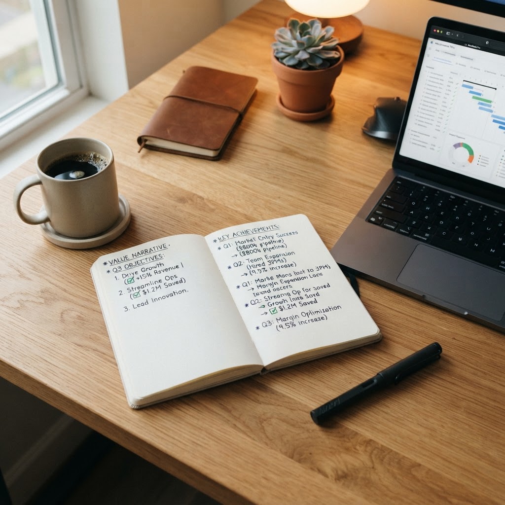 A neatly organized workspace with a notebook of documented professional wins, a laptop, and pen — symbolizing building a personal value dossier