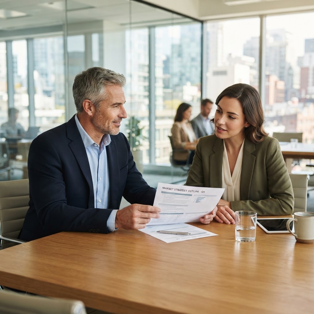 A mid-career professional confidently presenting a one-page business case document to a manager across a modern conference table
