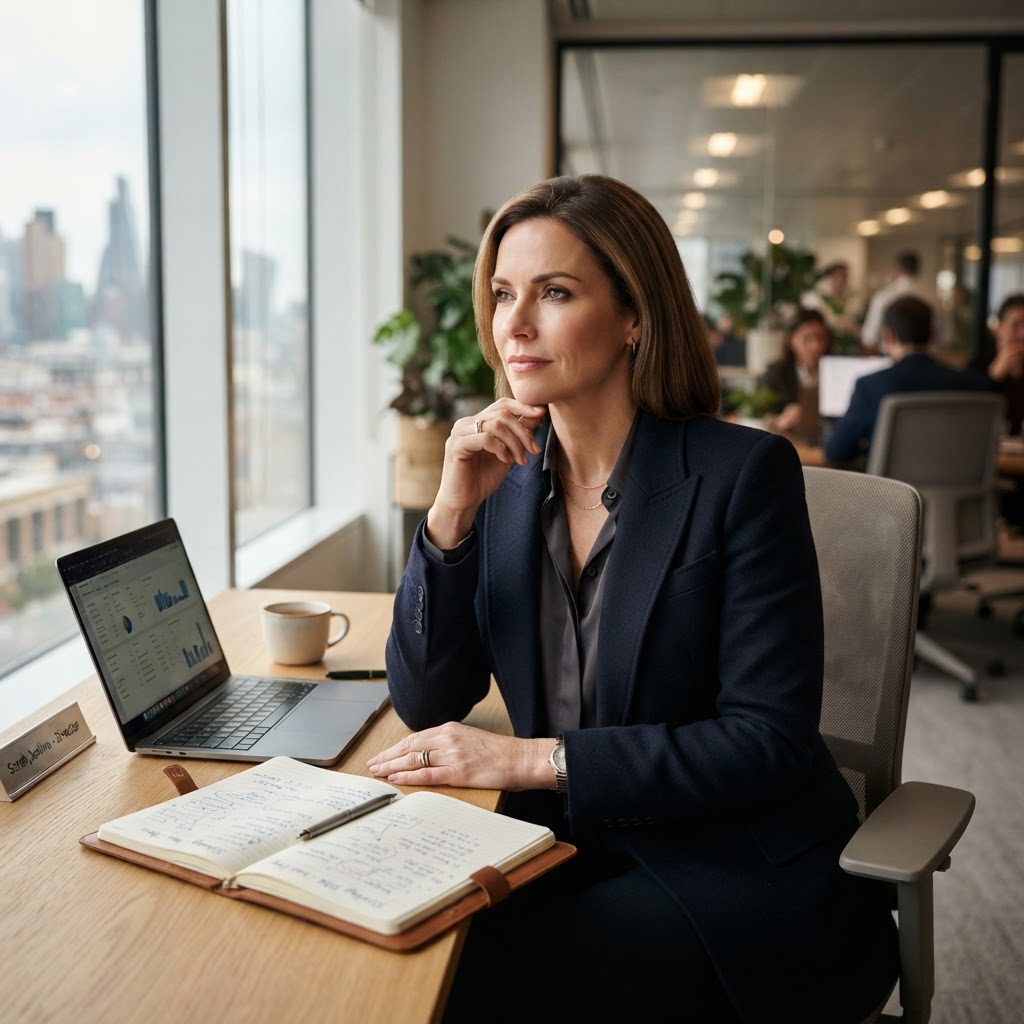A mid-career professional confidently presenting a one-page business case document to a manager across a modern conference table