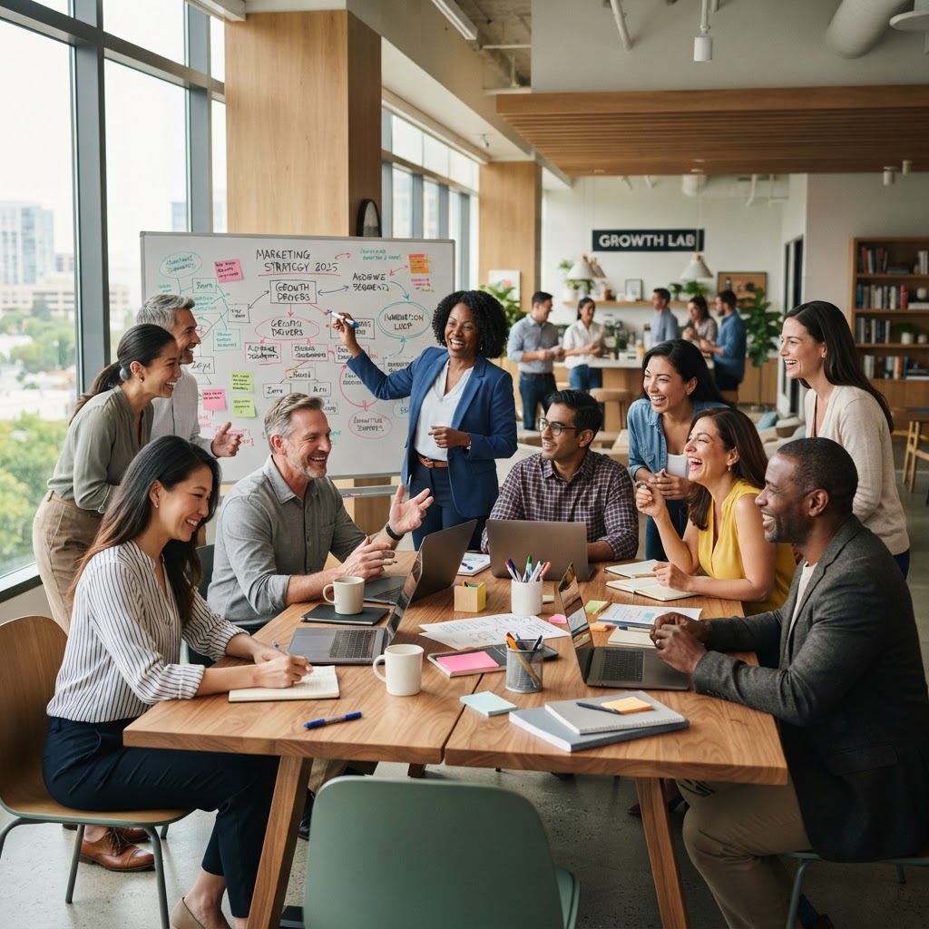 A diverse group of mid-career professionals in their 40s actively engaged in a collaborative workplace learning session