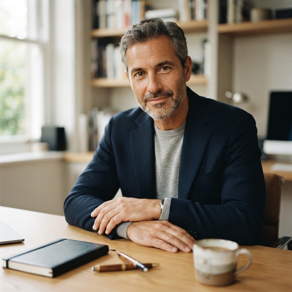 A confident professional man in his late 40s seated at a desk with a composed, thoughtful expression, embodying strategic clarity and experience
