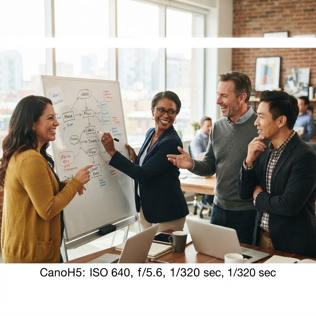 A diverse group of experienced professionals in their 40s and 50s collaborating energetically around a whiteboard in a bright modern workspace